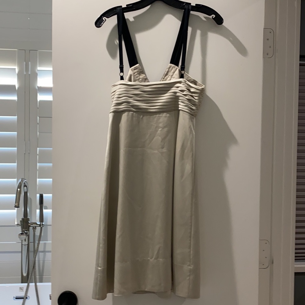 BCBGMaxAzria Ivory Satin Dress with Black Straps and Embellished V-Neck - Picture 6 of 7